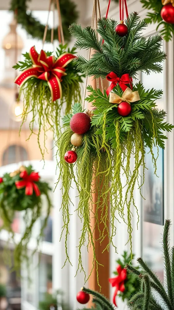 Hanging Christmas plants with red bows and ornaments