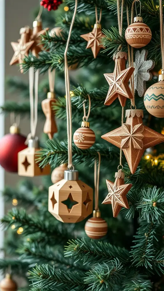 A close-up of handcrafted wooden ornaments hanging on a Christmas tree, featuring various shapes and designs.