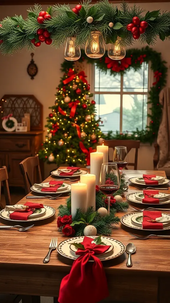 A beautifully set Christmas dinner table with red and green decor, featuring candles, plates, and a decorated tree in the background.