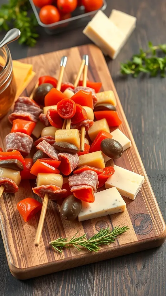 A wooden board with antipasto skewers featuring cherry tomatoes, olives, cheese, and salami.