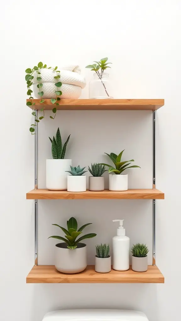 25+ Must-Try Minimalist Bathroom Organization Ideas 11 A minimalist bathroom shelf featuring plants and rolled towels, showcasing a clean and organized look.