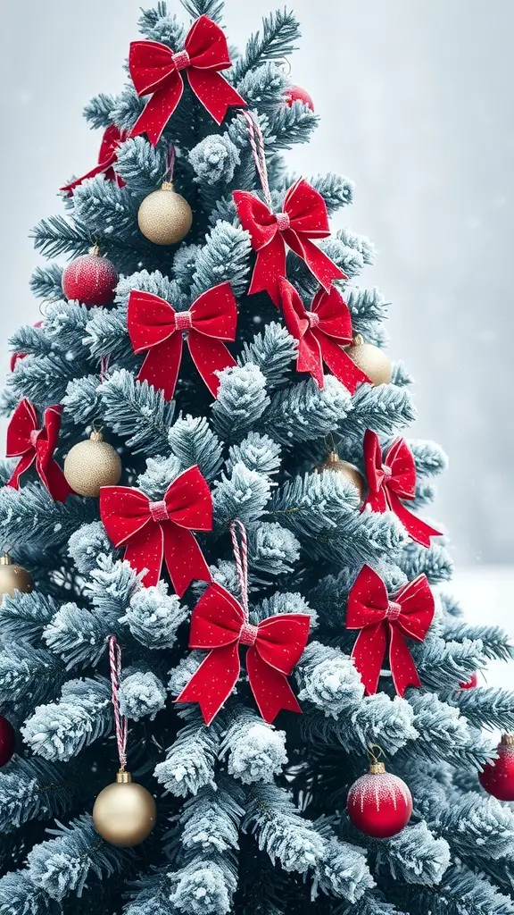 A snowy Christmas tree adorned with red bows and gold ornaments.