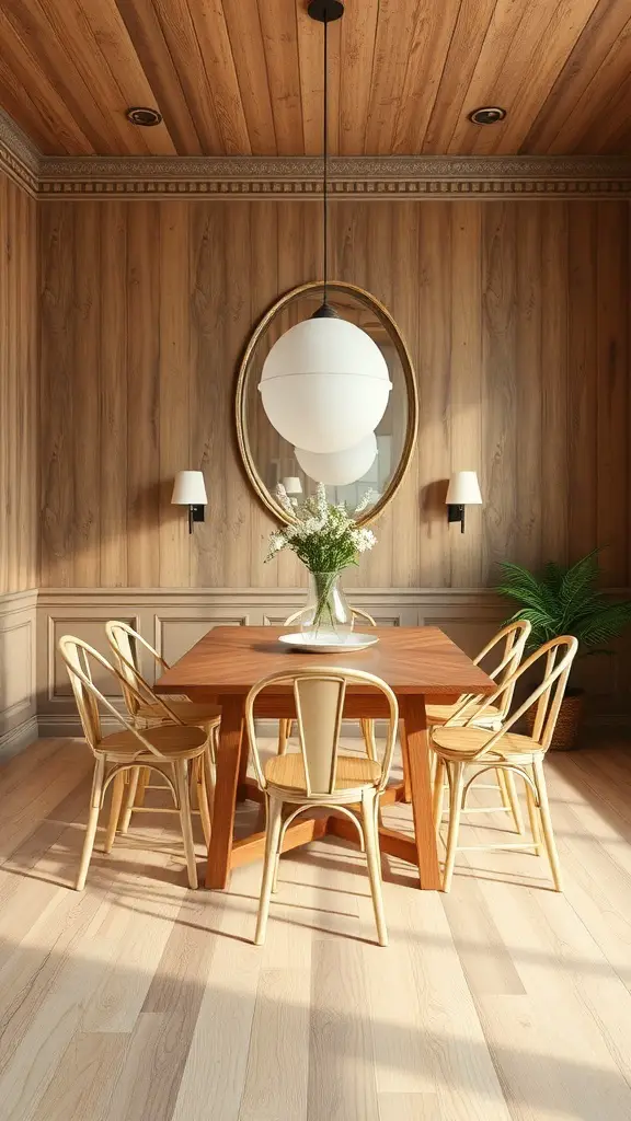 29+ Stunning Dining Room Wallpaper Ideas to Transform Your Space 16 A dining room featuring rustic wood paneling, a round table, and stylish chairs.
