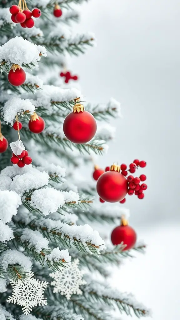 A beautifully decorated Christmas tree with red ornaments and snow-covered branches.