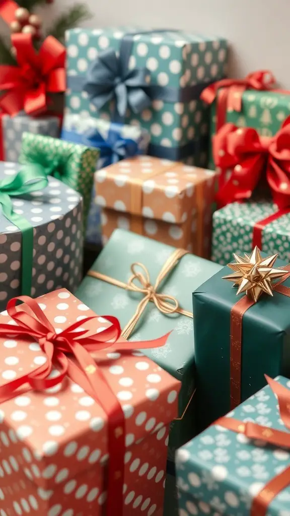 A collection of beautifully wrapped Christmas gifts in various colors and patterns.