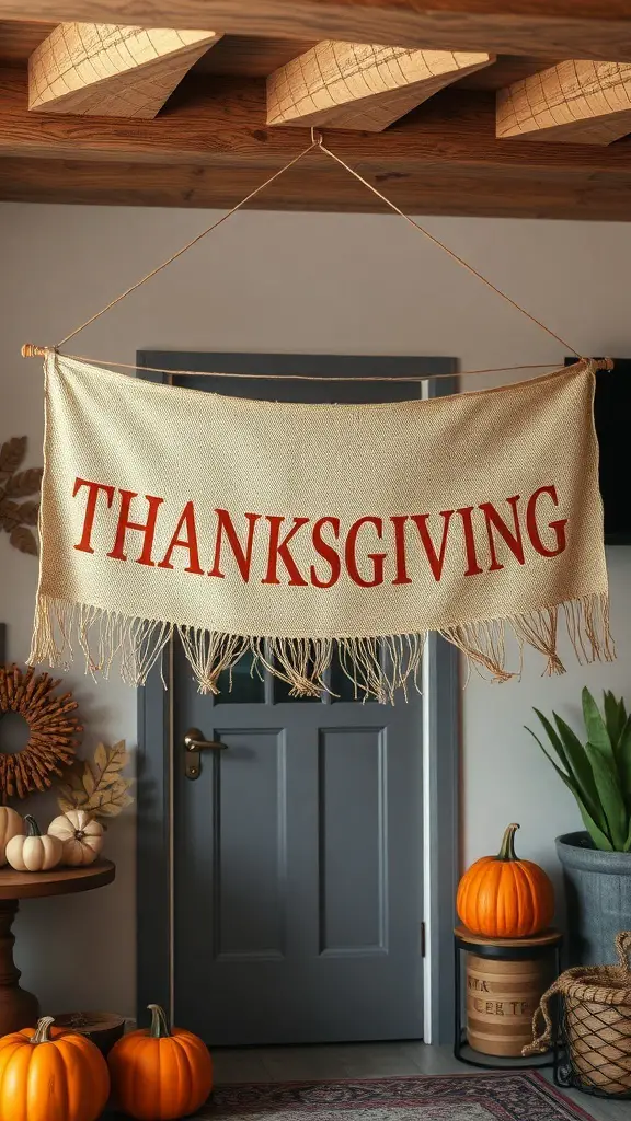 25+ Creative Thanksgiving Crafts for Adults 14 A personalized Thanksgiving banner hanging in a cozy room, surrounded by pumpkins and autumn decor.