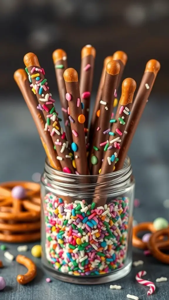 27+ Must-Try Christmas Snacks for Your Holiday Party 6 Chocolate-dipped pretzel rods with colorful sprinkles in a jar