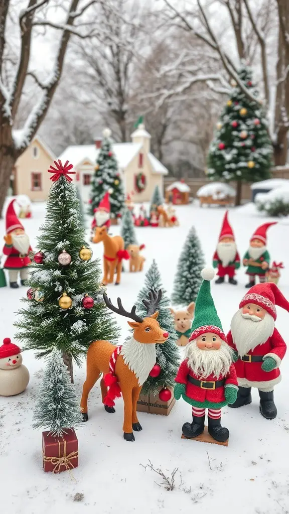 A snowy outdoor scene with whimsical holiday figurines including Santa Claus, reindeer, and Christmas trees.