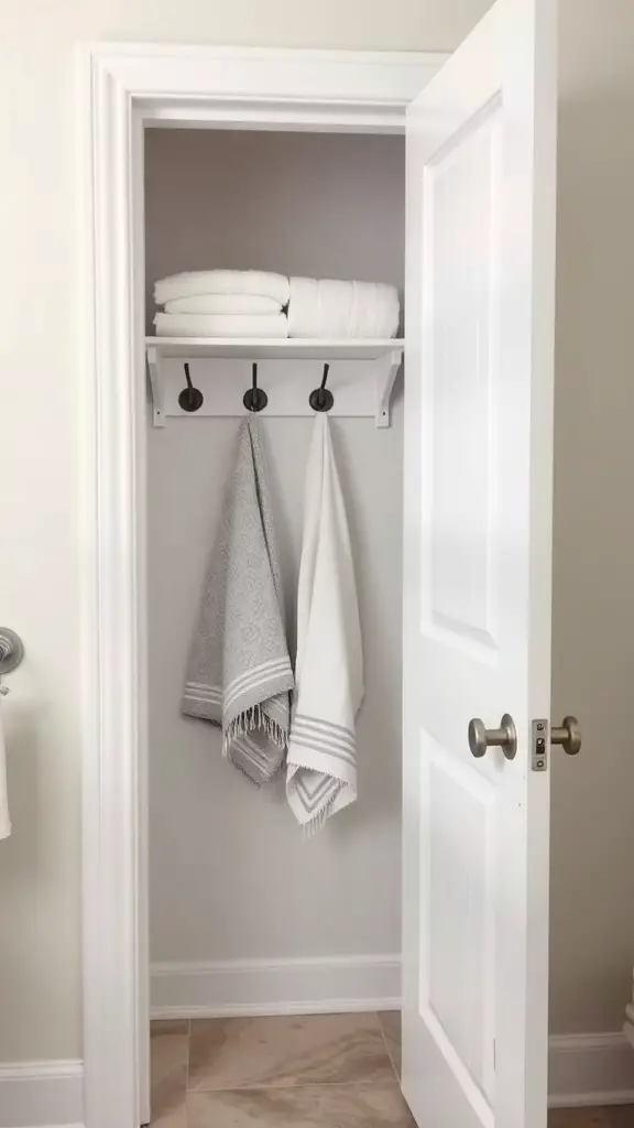 25+ Bathroom Closet Organization Ideas You’ll Love 4 A bathroom closet with a shelf and hooks for towels and accessories.