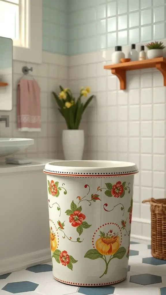 A vintage ceramic trash can with floral design in a bathroom setting