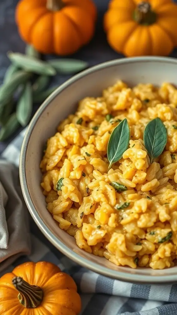 25+ Must-Try Thanksgiving Side Dishes You Need This Year 5 A bowl of pumpkin and sage risotto with fresh sage leaves on top, surrounded by small pumpkins.