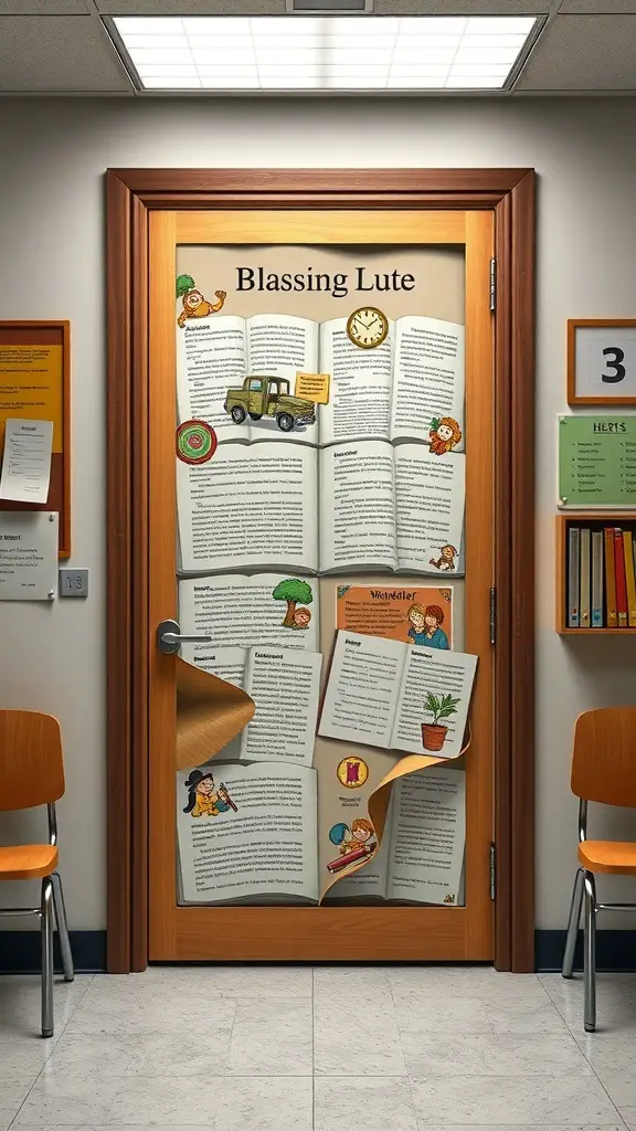 A classroom door decorated with colorful, oversized book pages and playful illustrations.