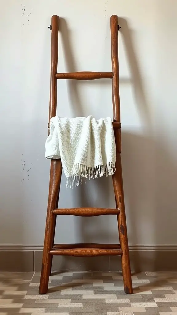 27+ Chic Bathroom Stool Styling Ideas to Elevate Your Space 16 A rustic wooden ladder stool with a white throw blanket draped over it, leaning against a wall.