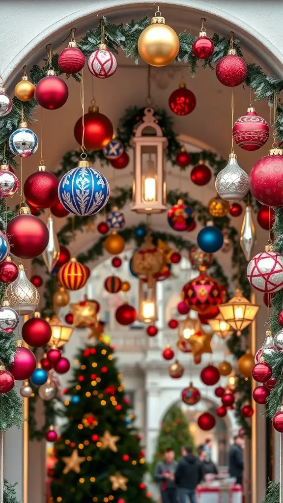 A beautifully decorated archway with hanging Christmas ornaments in various colors and designs.
