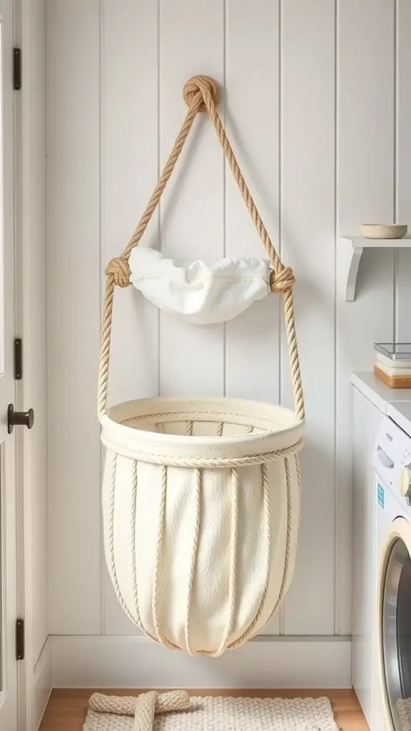 25+ Creative Wall Mounted Laundry Hamper Ideas for Space-Saving Solutions 10 A cream-colored rope laundry hamper hanging on a wall, showcasing a nautical theme.