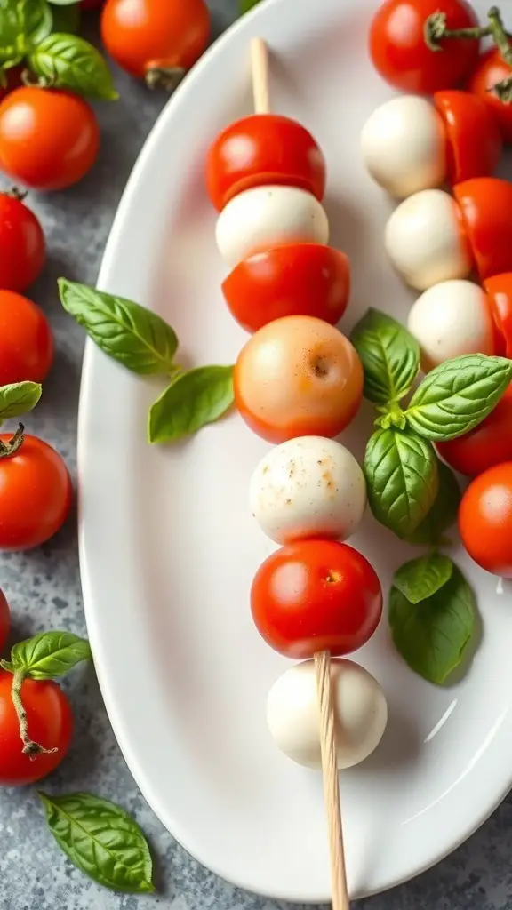 27+ Delicious Christmas Appetizers to Impress Your Guests 4 Caprese skewers with cherry tomatoes, mozzarella, and basil on a plate