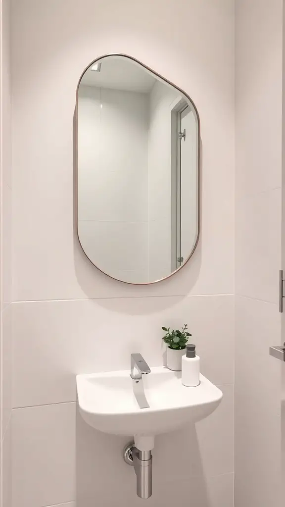 29+ Stylish Small Bathroom Mirror Ideas to Elevate Your Space 5 A small bathroom featuring an asymmetrical mirror above a sink with minimal decor.
