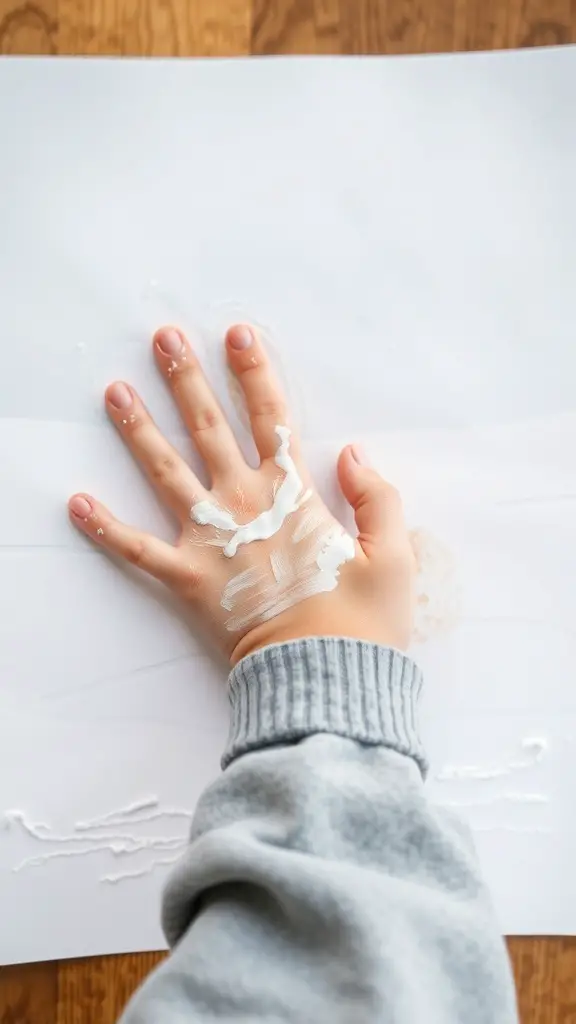 A child's hand with white paint on a blank sheet of paper, ready for snowy handprint art.
