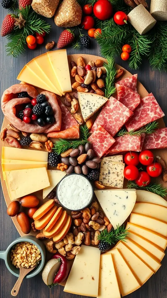 A festive cheese and charcuterie board featuring various cheeses, cured meats, nuts, and seasonal fruits.