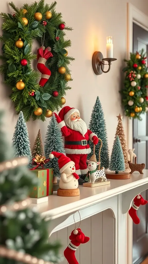 A festive entryway decorated with whimsical holiday figurines, including Santa Claus, snowmen, and reindeer, surrounded by evergreen trees and stockings.