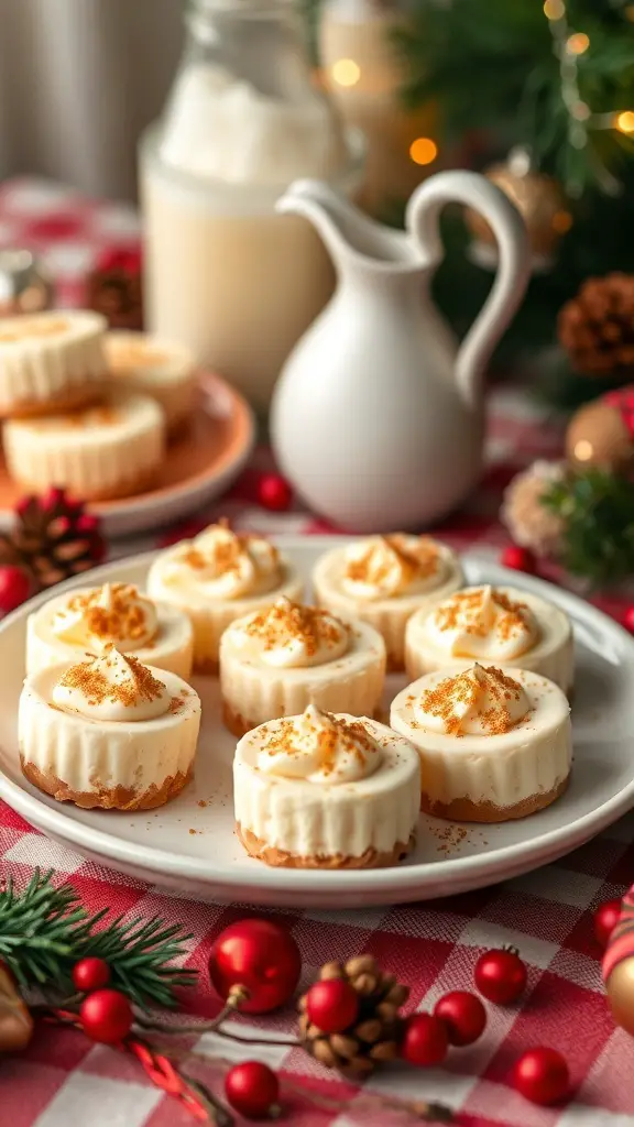 Plate of eggnog cheesecake bites decorated with whipped cream and nutmeg