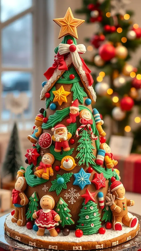 A colorful gingerbread Christmas tree decorated with marzipan accents and festive ornaments.