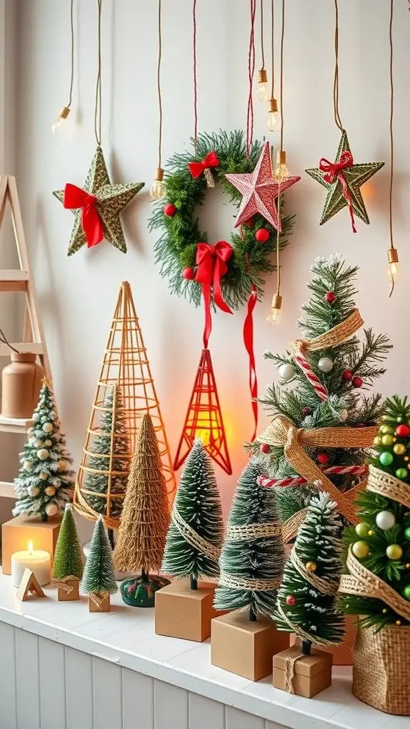 A collection of minimalist Christmas decorations including small trees, stars, and a wreath, all made from eco-friendly materials.