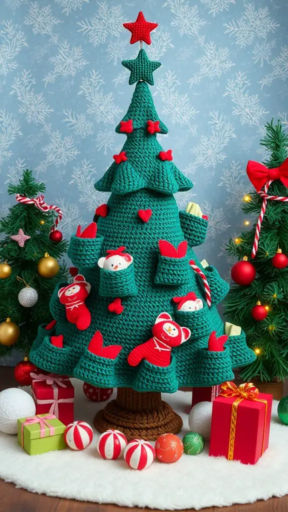 29+ Stunning Crochet Christmas Tree Ideas to Brighten Your Holiday Decor 13 A crochet Christmas tree with pockets filled with decorations, surrounded by gifts and ornaments.