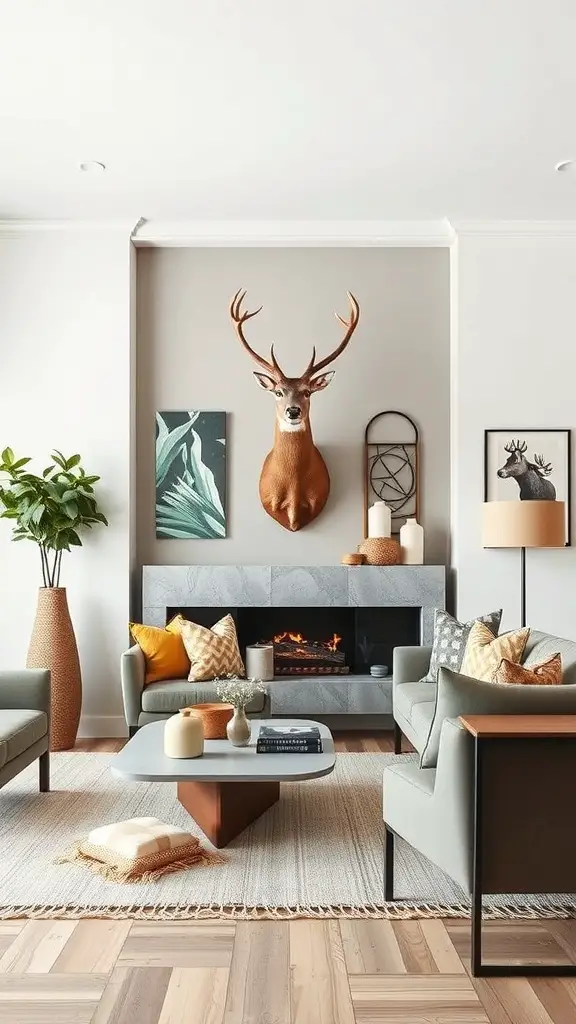 27+ Stunning Deer Mount Wall Arrangements for Every Home 15 A modern living room featuring a deer mount on the wall, stylish furniture, and natural decor elements.