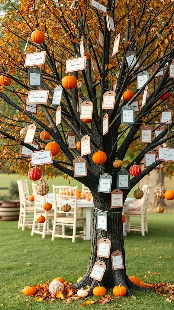 A decorated Thankful Tree with tags and pumpkins