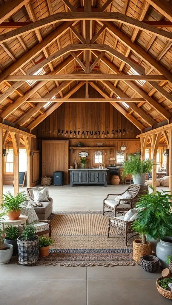 27+ Stunning Barndominium Exterior Ideas to Inspire Your Dream Home 14 Interior of a vintage farmhouse with wooden beams and cozy seating