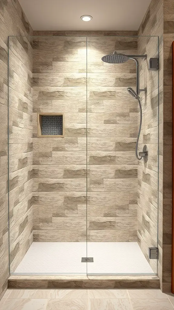 25+ Stunning Pony Wall Shower Ideas for Your Bathroom Remodel 16 A modern shower with textured stone finishes and a glass enclosure.