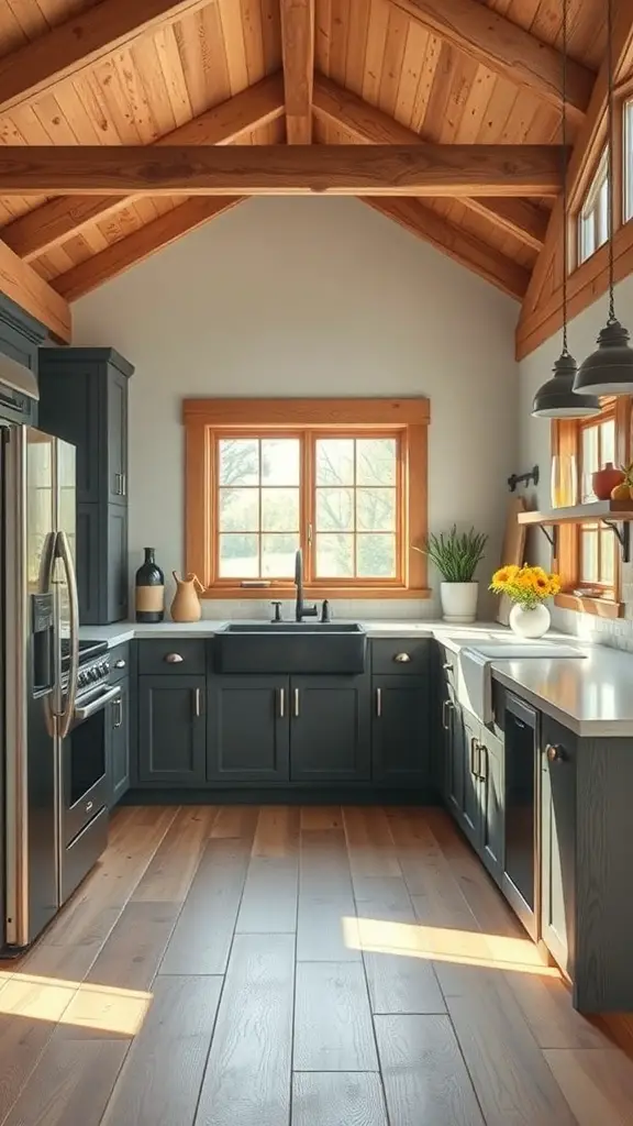 29+ Stunning Barndominium Kitchen Ideas You’ll Love 14 A cozy eco-friendly kitchen with wooden beams, dark cabinetry, and natural light.