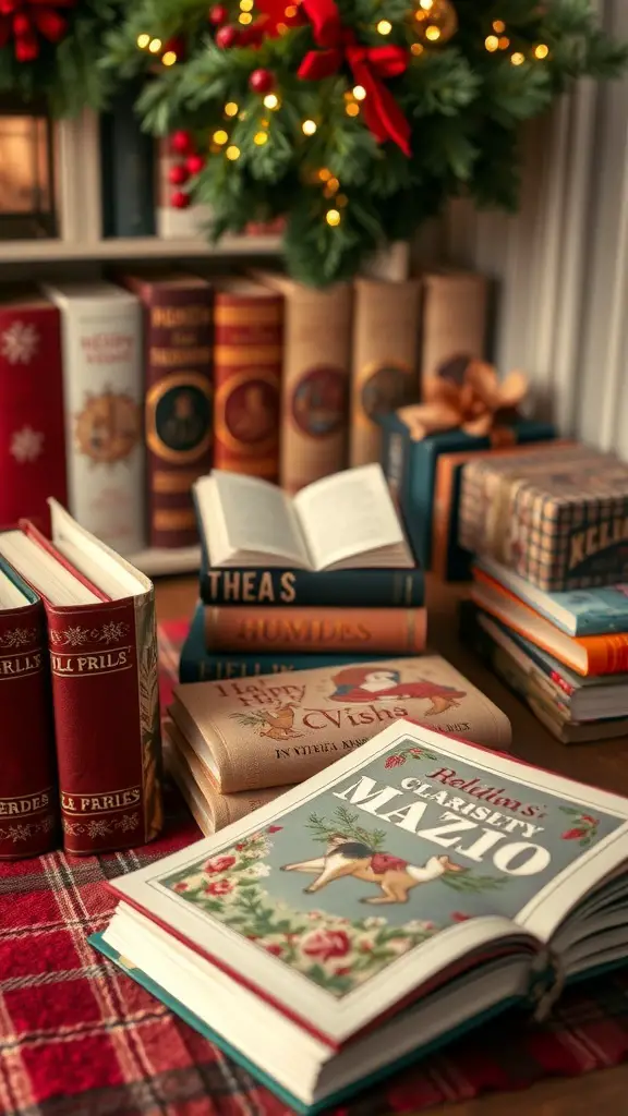 29+ Creative Sewing Projects for Handmade Christmas Gifts 11 A cozy display of books with a festive wreath, showcasing the charm of fabric book covers for holiday gifts.