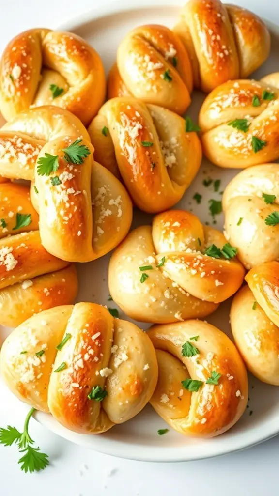 27+ Delicious Christmas Appetizers to Impress Your Guests 13 A plate of golden-brown garlic Parmesan knots garnished with parsley.