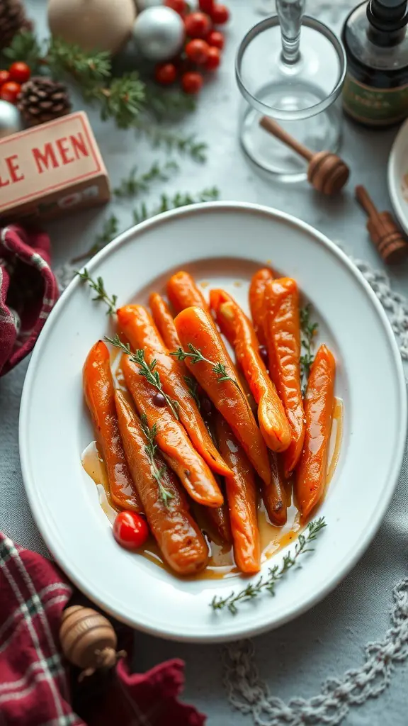 A plate of glazed carrots with honey and thyme, garnished with fresh thyme sprigs.