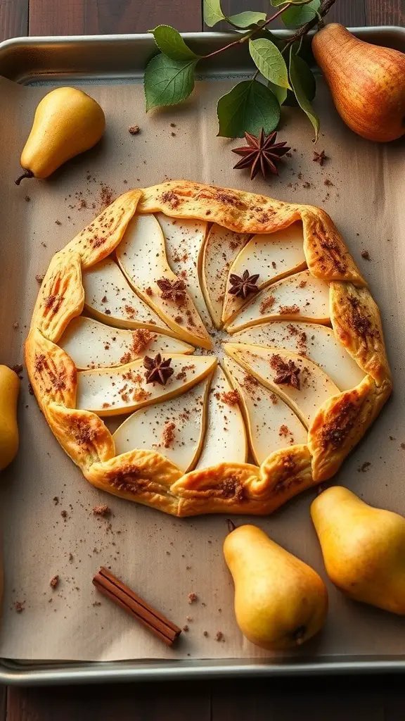 25+ Delicious Thanksgiving Desserts Perfect for a Crowd 3 A spiced pear galette on a baking tray, surrounded by fresh pears and spices.