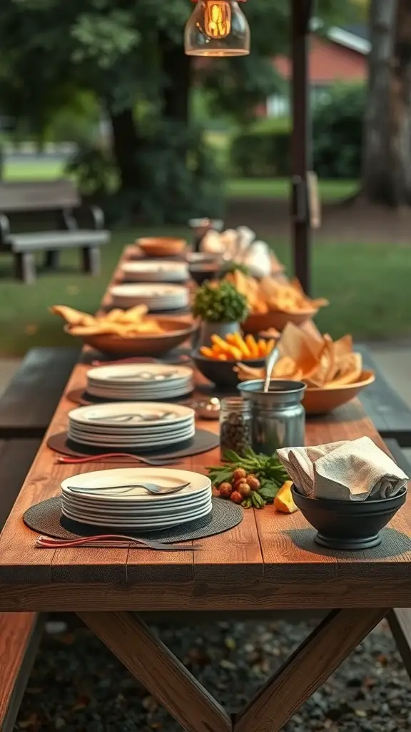 A beautifully arranged grazing table set for 50 people, featuring plates, bowls, and fresh ingredients.