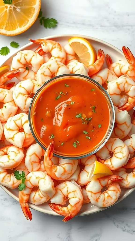 A festive shrimp cocktail platter with shrimp arranged around a bowl of cocktail sauce and lemon wedges.