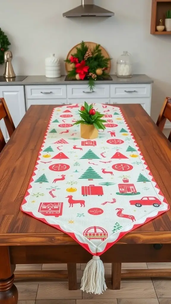 A festive table runner with holiday prints on a wooden kitchen table.