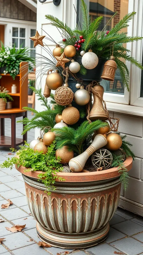A vintage-style outdoor Christmas planter with gold and white ornaments, greenery, and rustic decorations.