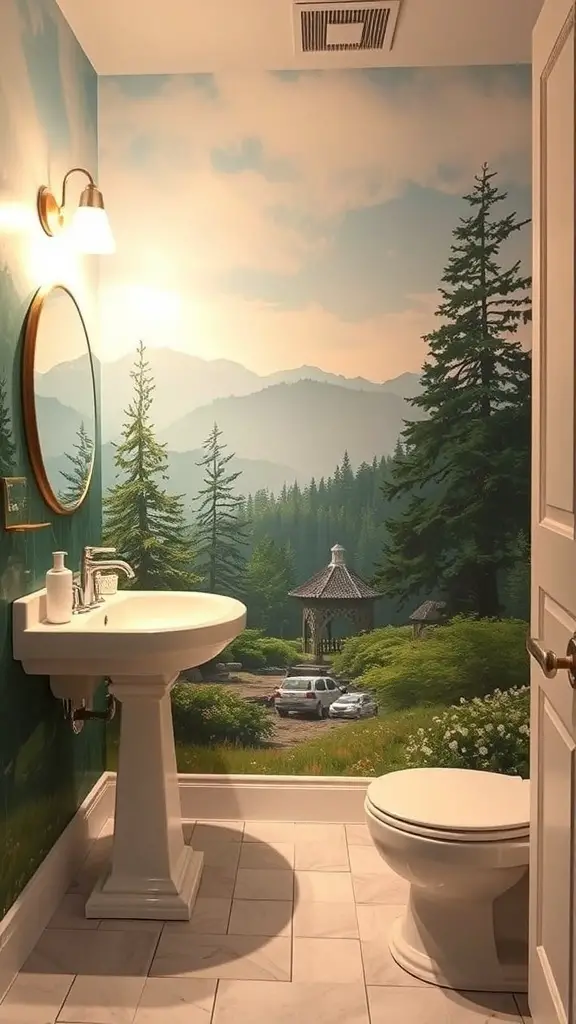 29+ Stunning Half Bath Wallpaper Ideas to Transform Your Space 8 A nature-inspired mural in a half bath featuring trees and mountains