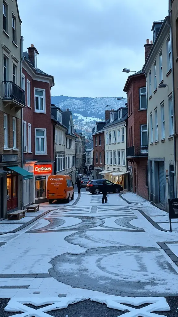 A snowy street scene with buildings and a mountain backdrop.
