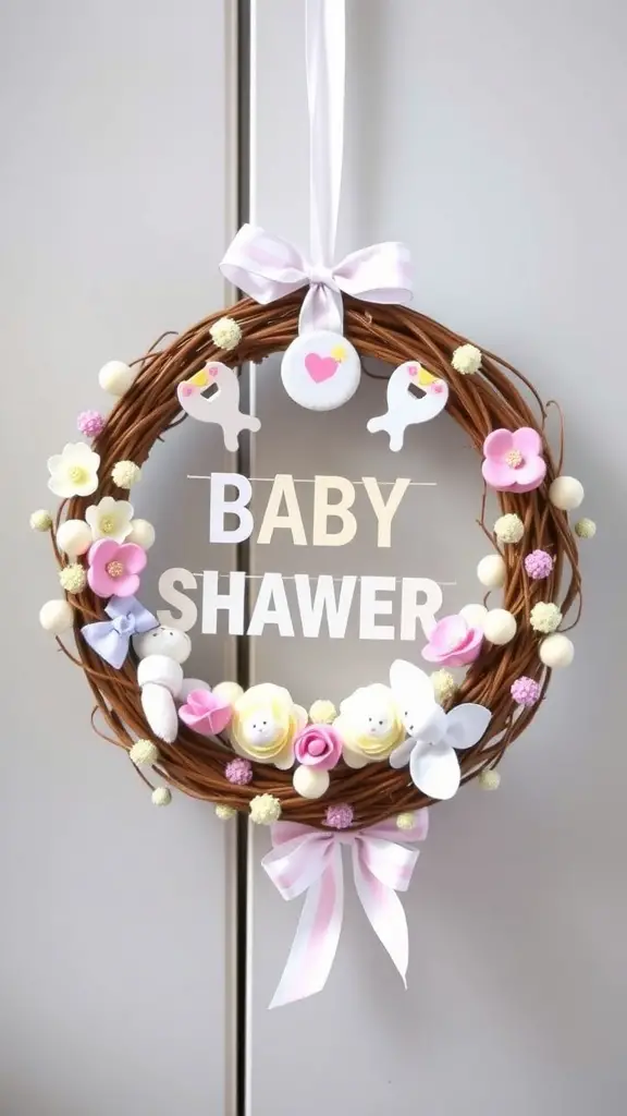 A grapevine wreath decorated for a baby shower with flowers, baby-themed accents, and a ribbon.