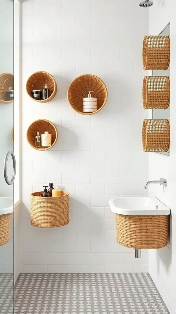 25+ Stylish Bathroom Wall Basket Ideas for Every Space 15 A modern bathroom featuring cylindrical woven baskets mounted on the wall for storage.