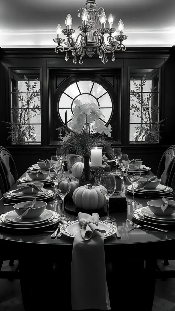 A black and white Thanksgiving table setting featuring elegant dishes, glassware, and a small pumpkin centerpiece.
