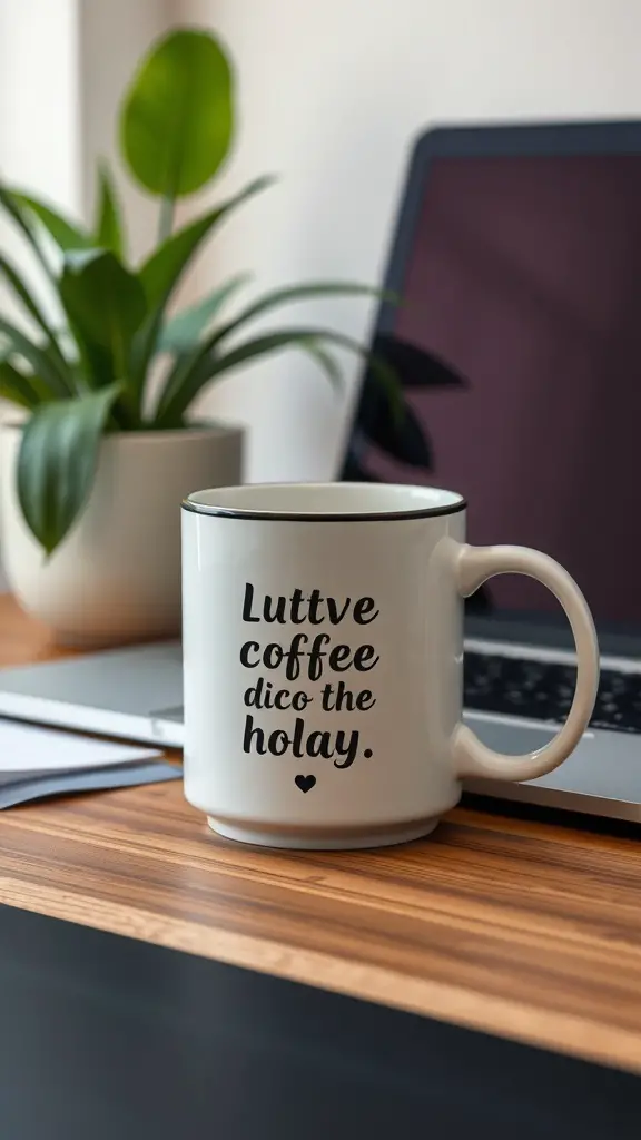 A stylish coffee mug with a motivational quote on a desk with a plant and laptop.