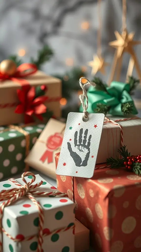 Handprint gift tag on wrapped Christmas presents