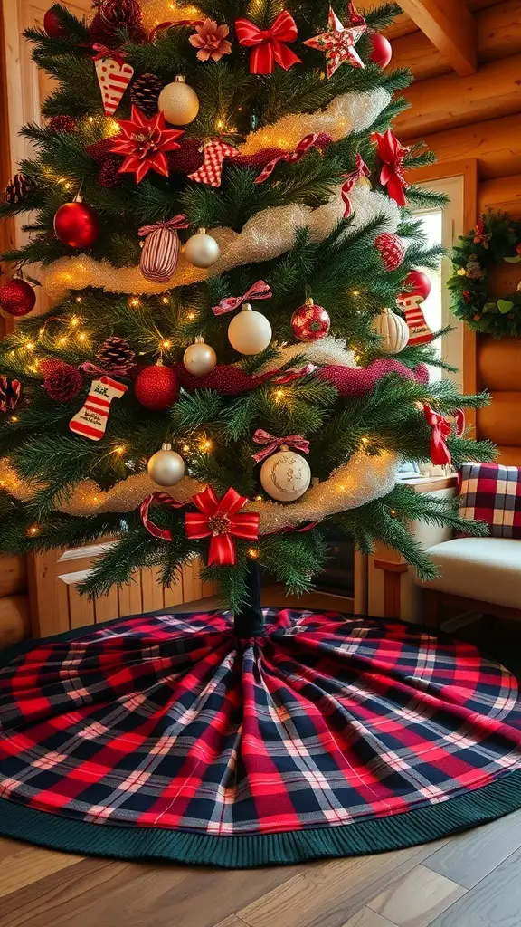 A beautifully decorated Christmas tree with a plaid tree skirt in a cozy cabin setting.
