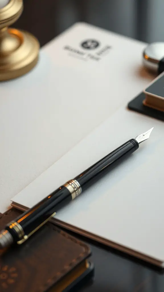 A close-up of a black fountain pen resting on a blank sheet of personalized stationery, with a stylish notebook and a decorative item in the background.